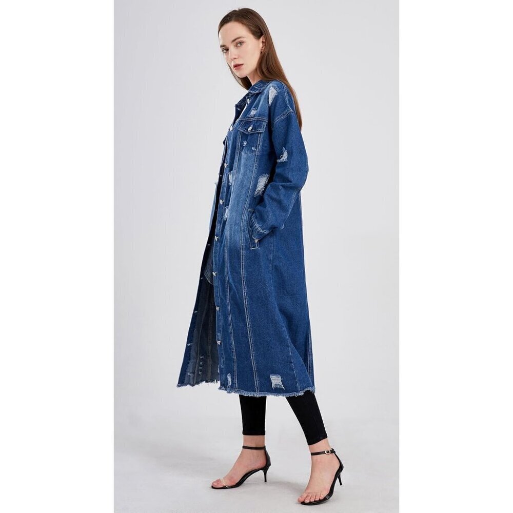 Women's Spring Fashion Ripped Holes Maxi Long Denim Jacket Trench Coat Dark Blue - Picture 4 of 5